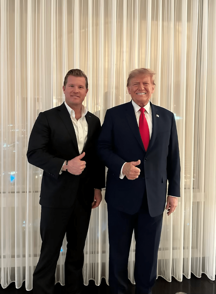 Donald Trump poses and gives a thumbs up with Montana Senate candidate Tim Sheehy, who was caught on audio recordings from last November making racially-charged comments about a Native American tribe